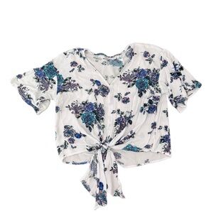 LUQ Floral Tie-Front Blouse - White and Blue